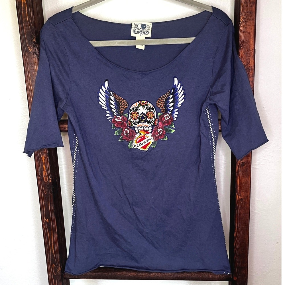 Lucky Brand Blue Sugar Skull Y2K  Embroidered Graphic Tee 3/4 Sleeve Womens Med
